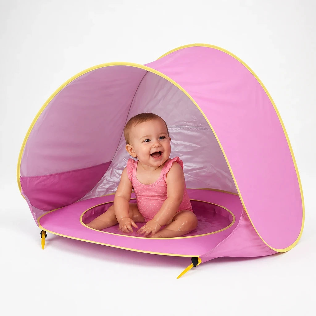 Cabana infantil com proteção UV e piscina portátil rosa, conforto e segurança para bebês na praia