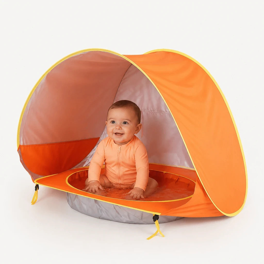 Cabana infantil com proteção UV e piscina portátil laranja, conforto e segurança para bebê na praia