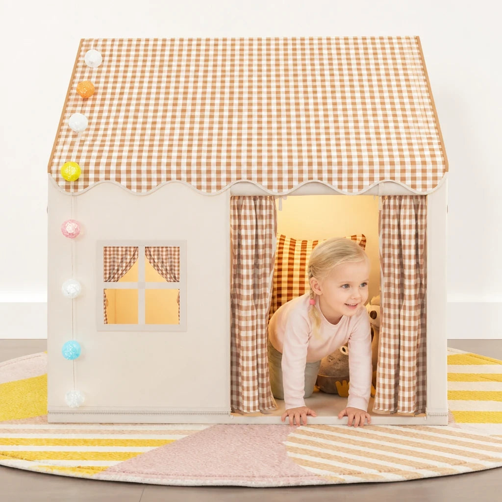 Cabana infantil dobrável estilo castelo com estrutura sólida, segura e aconchegante para brincar em casa