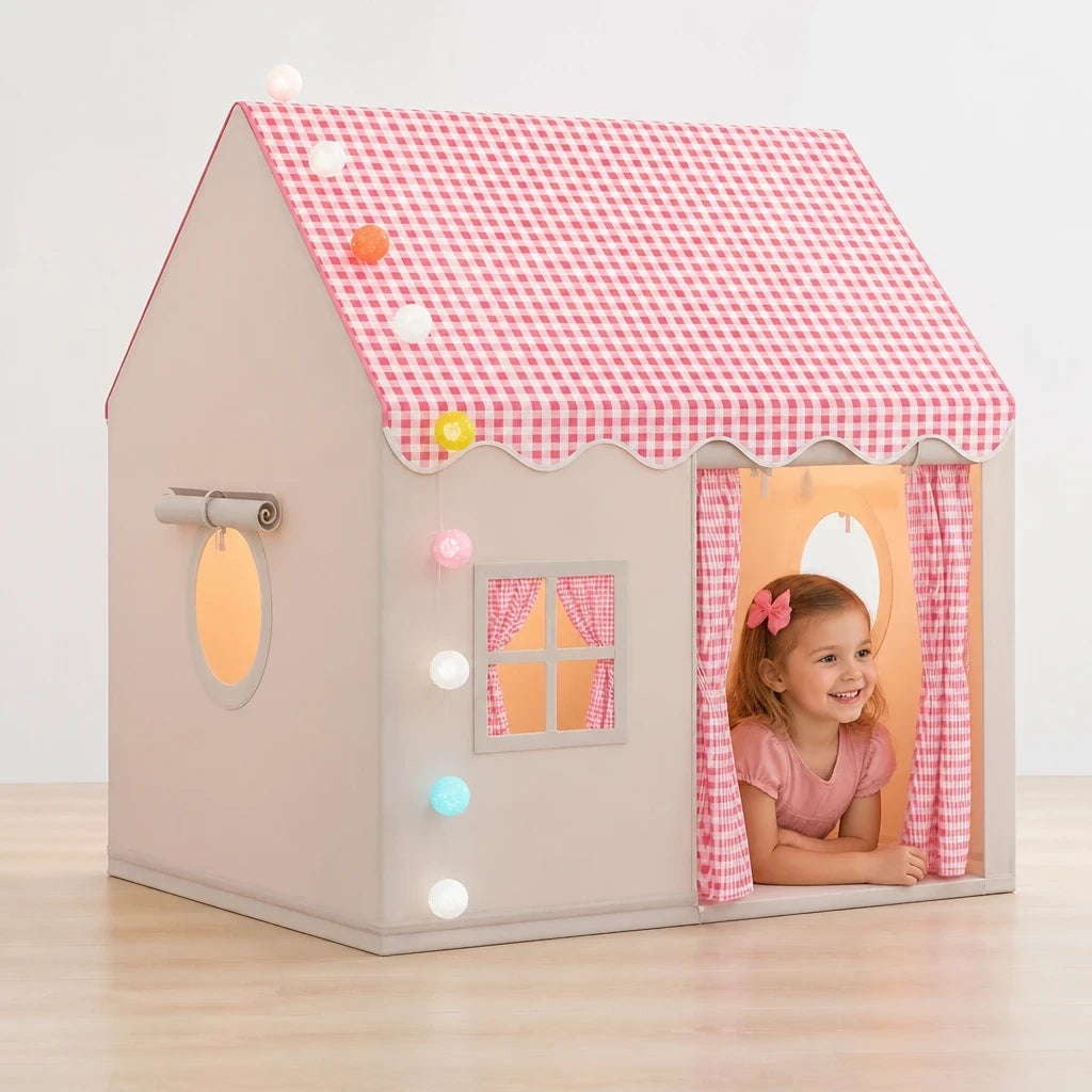 Cabana infantil dobrável estilo castelo, estrutura sólida e confortável para brincar em casa, perfeita para mães e avós