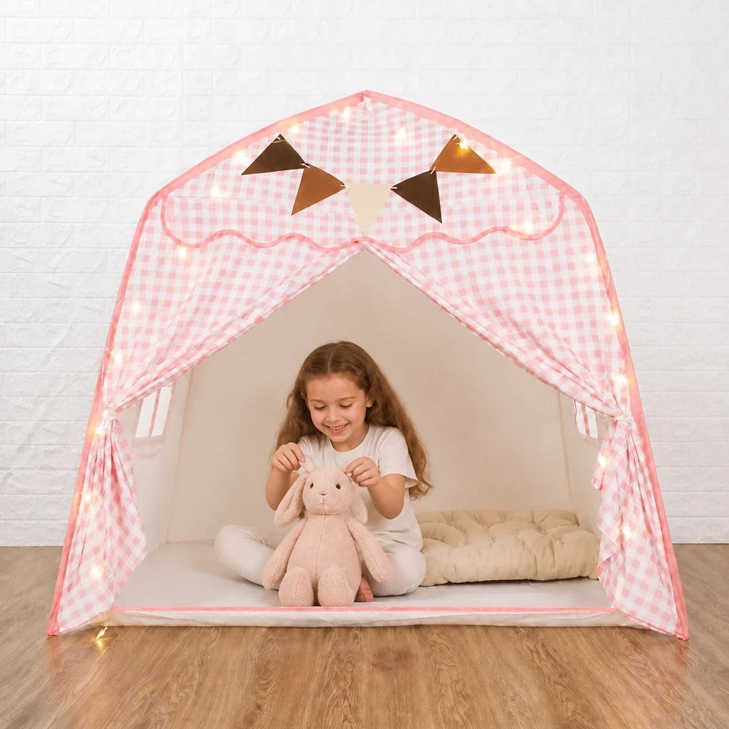 Cabana infantil dobrável com janela e luzes, espaço seguro e confortável para cama e brincadeira dos pequenos