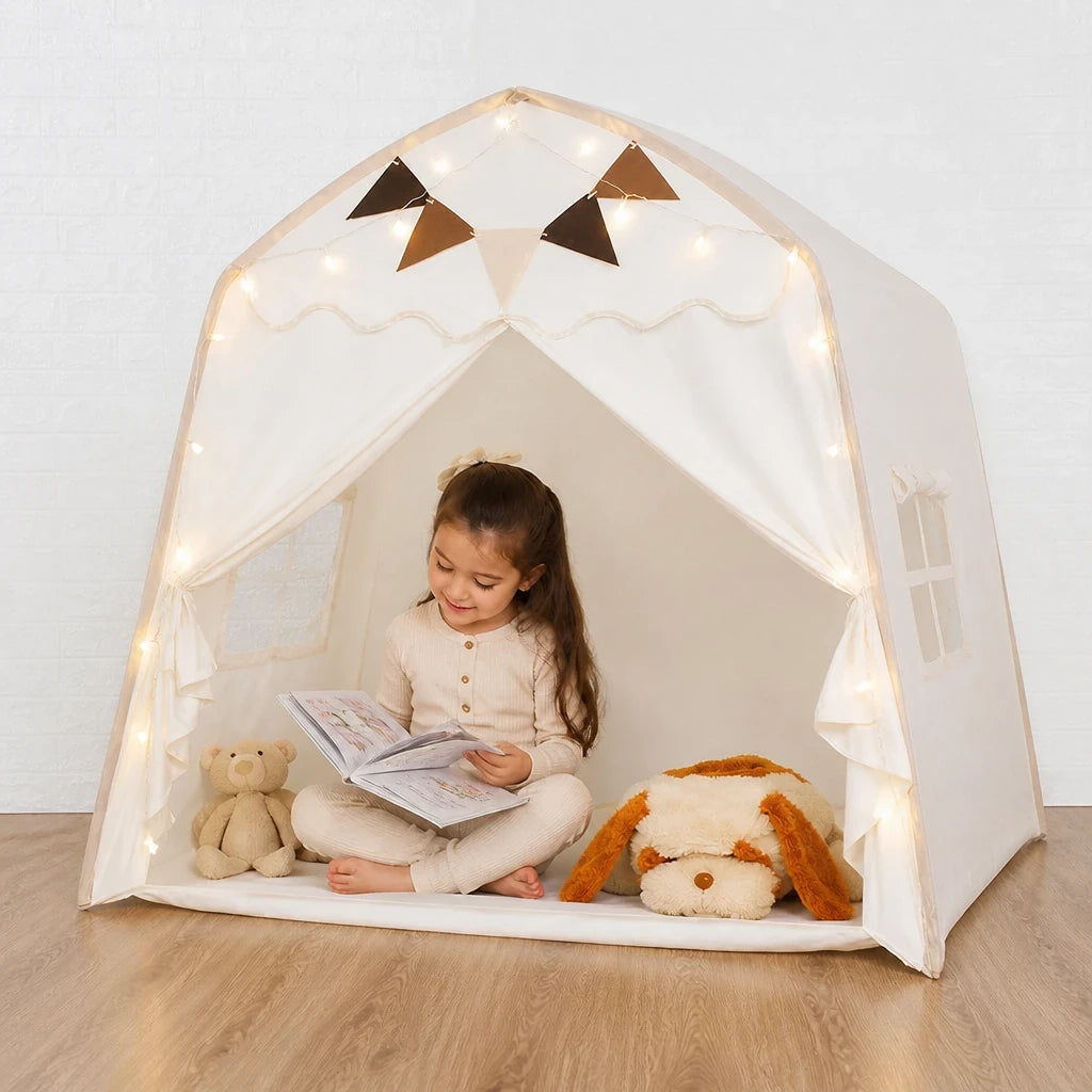 Cabana infantil dobrável com janela e luzes, espaço aconchegante e seguro para brincar e ler