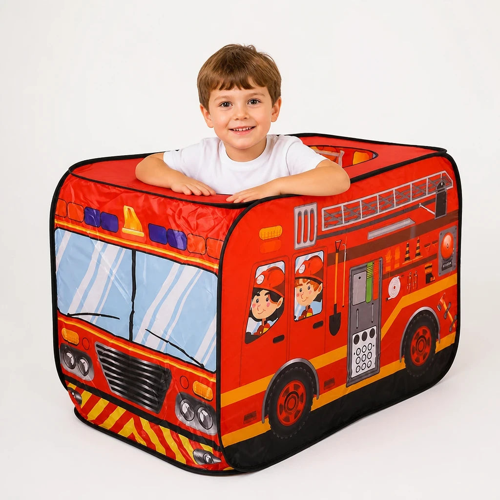Cabana infantil dobrável em formato de caminhão de bombeiros, confortável, segura e divertida para crianças