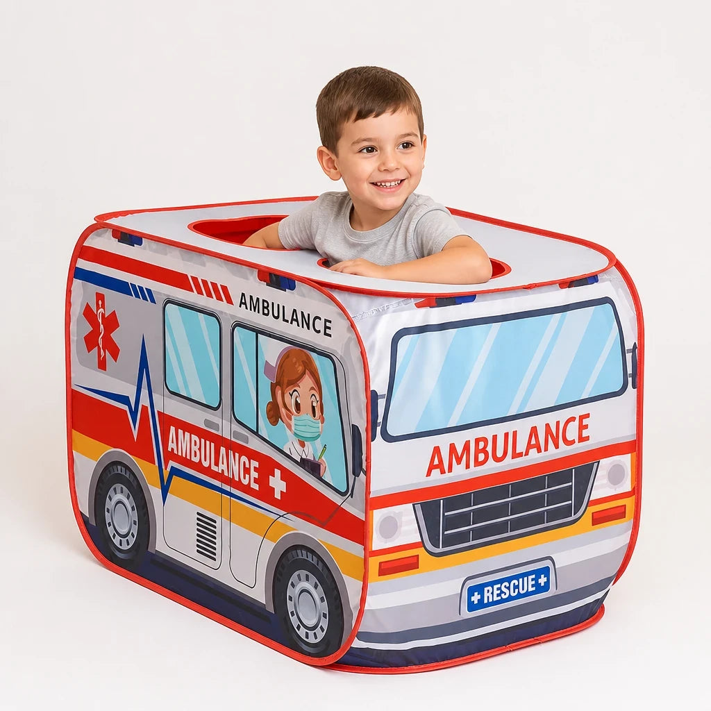 Cabana infantil em formato de ambulância dobrável, confortável e segura para brincadeiras cheias de diversão