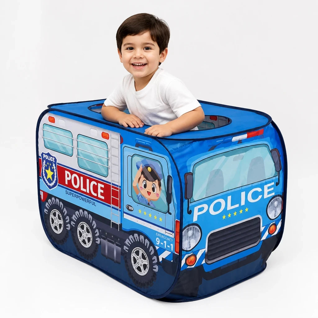 Cabana infantil dobrável em formato de carro policial, conforto e diversão para brincadeiras seguras