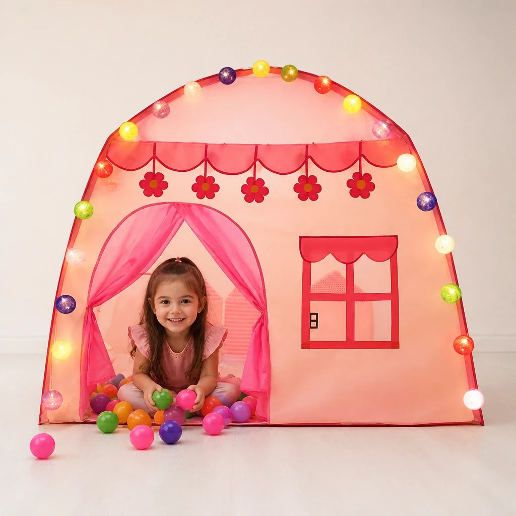 Cabana infantil dobrável rosa com luzes e bolas, confortável e segura para brincar e decorar quartos infantis