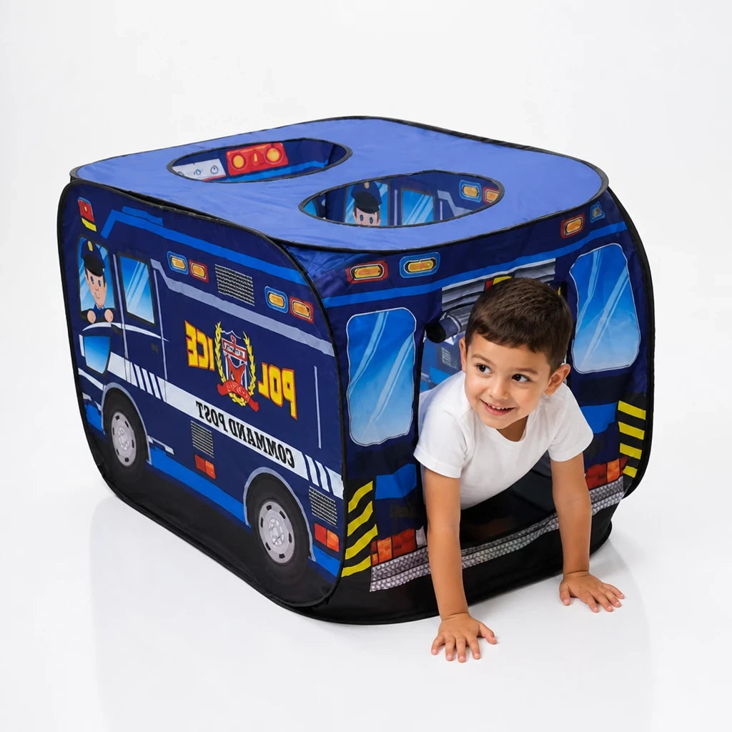 Cabana infantil em formato de carro de polícia dobrável, segura e divertida para brincar com conforto e imaginação