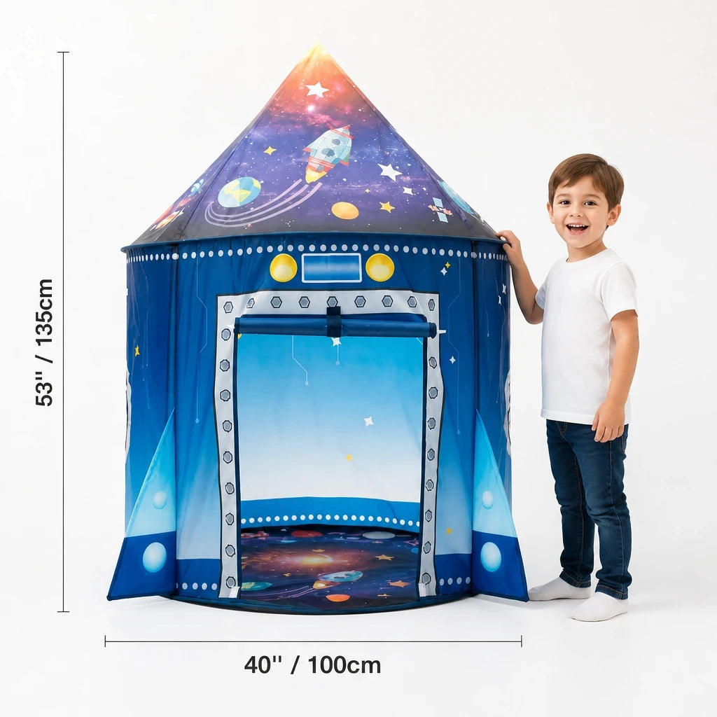 Cabana infantil foguete com amplo espaço interno, confortável e fácil de limpar ideal para pais e crianças
