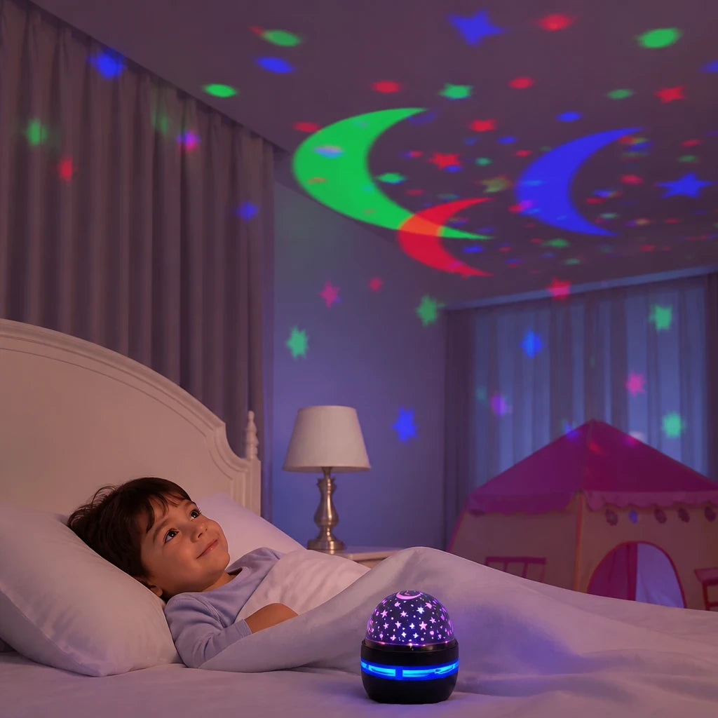 Cabana infantil com projetor LED céu estrelado e luz noturna USB, conforto e sono tranquilo para crianças