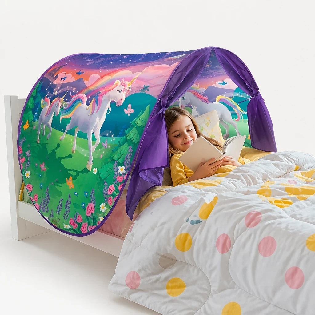 Cabana infantil com estampa de unicórnio e luzes, tenda para cama confortável e segura, perfeita para diversão e leitura