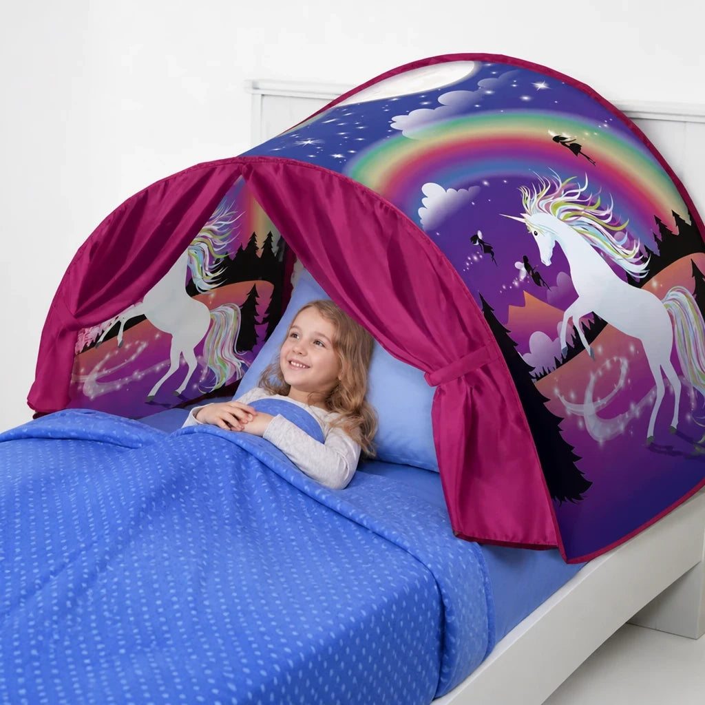 Cabana infantil dobrável com show de luzes e estampa unicórnio, confortável e segura, ideal para pais e avós