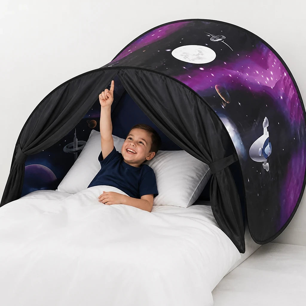 Cabana infantil com estampa espacial e show de luz para cama, aconchegante e segura para crianças