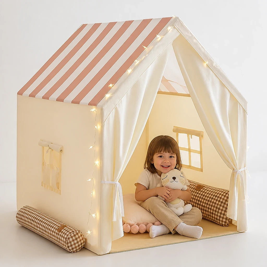 Cabana infantil dobrável grande com luzes, almofadas e conforto seguro para brincadeiras em casa