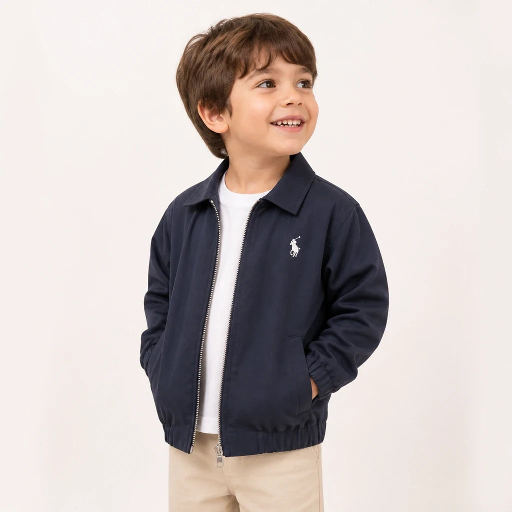 Conjunto de moletom infantil com casaco de algodão e zíper azul marinho confortável e estiloso para crianças