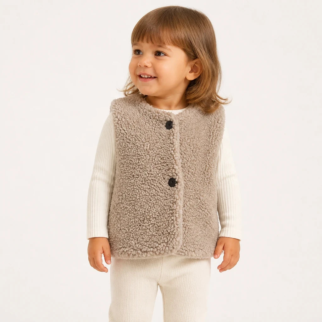 Colete de pelúcia com decote em V, quentinho e confortável, complemento para conjunto de moletom infantil