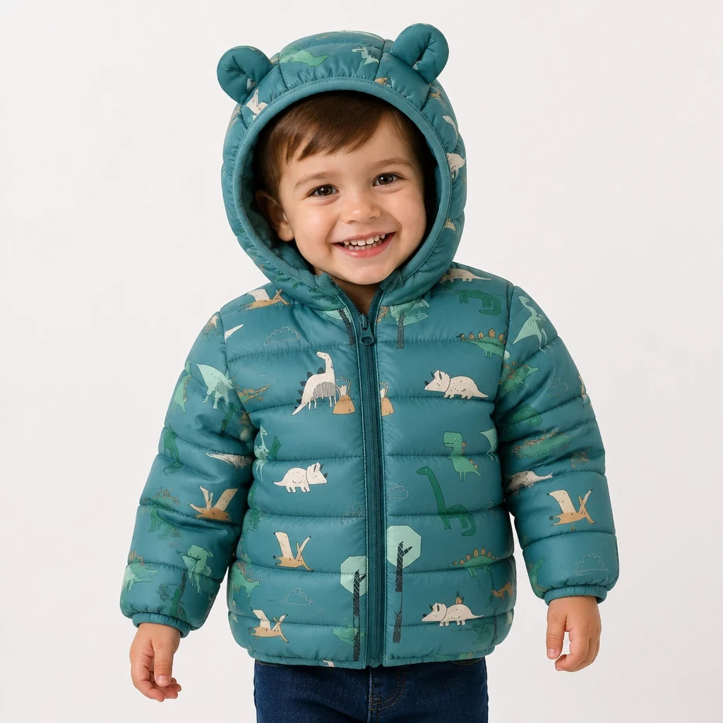 Casaco com capuz e zíper em estampa dinos, quentinho e fácil de vestir, perfeito em conjunto de moletom infantil
