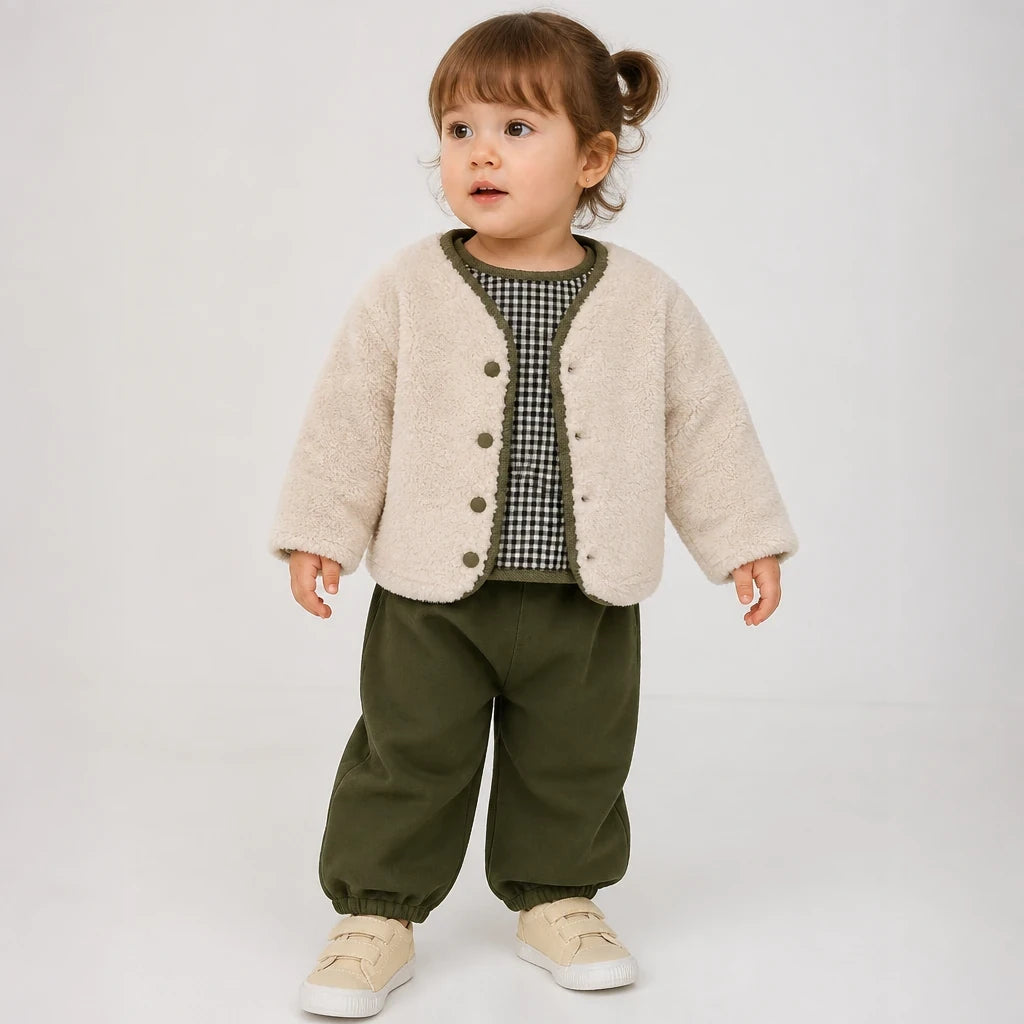 Conjunto de moletom infantil em verde oliva com casaco dupla face em pelúcia macia, quentinho e confortável ideal para pais
