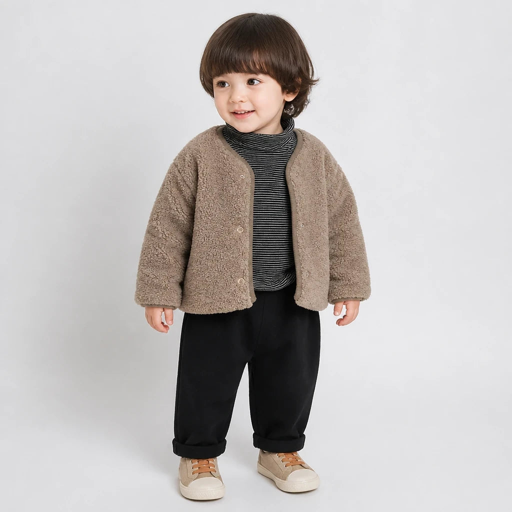 Conjunto de moletom infantil com casaco dupla face em pelúcia macia, conforto quentinho e praticidade para o dia a dia