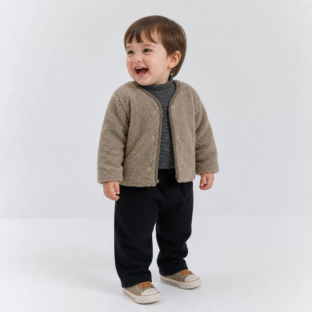 Conjunto de moletom infantil com casaco dupla face em pelúcia, quentinho, confortável e durável para o dia a dia