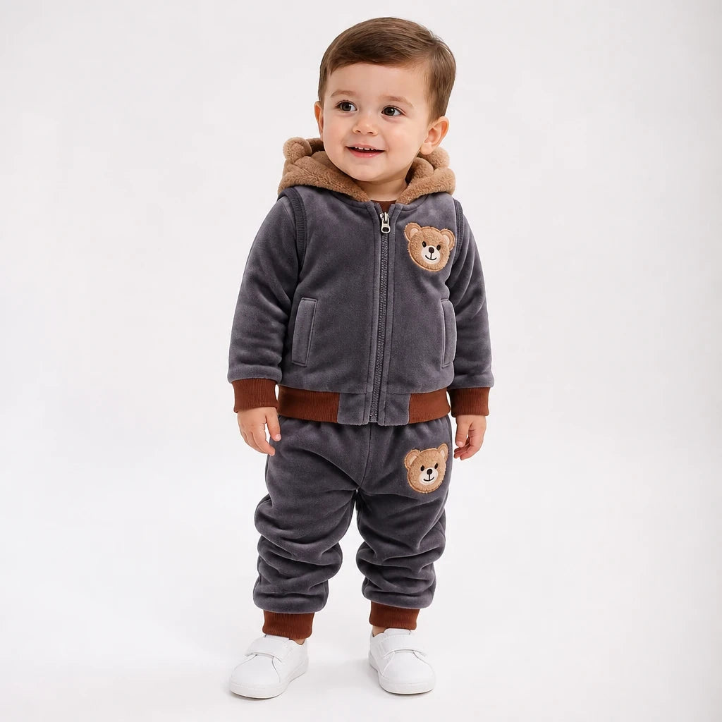 Conjunto de moletom infantil 3 peças em algodão grosso, capuz pelúcia e conforto quentinho para crianças