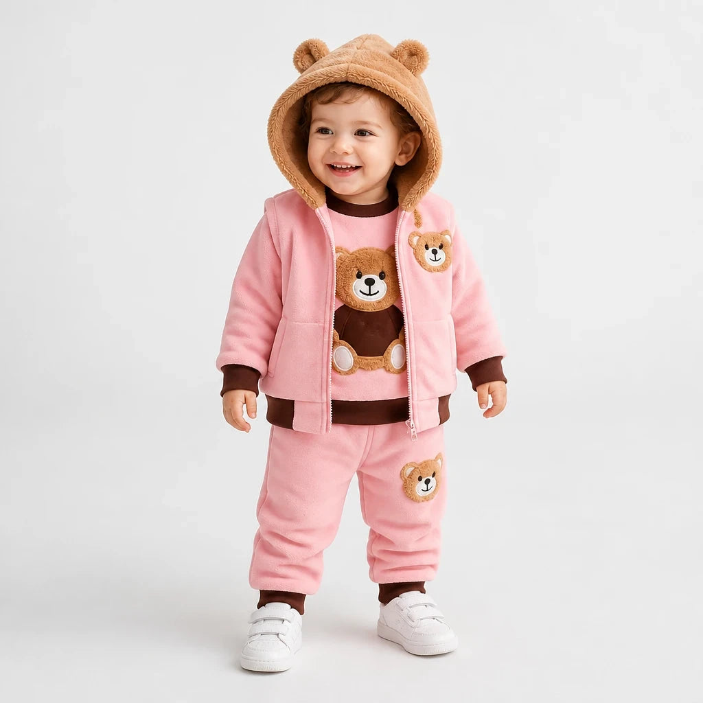 Conjunto de moletom infantil 3 peças rosa em algodão grosso, quentinho e confortável, detalhe ursinho, ideal para o inverno
