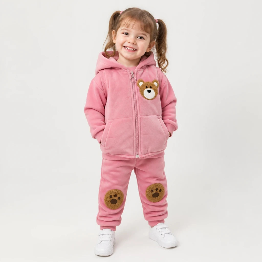 Conjunto de moletom infantil rosa 3 peças em algodão grosso, macio e quente, ideal para conforto e brincadeiras