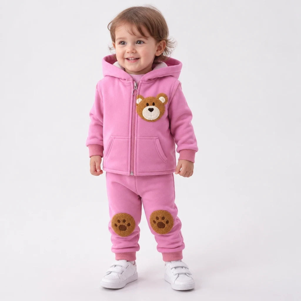 Conjunto de moletom infantil 3 peças rosa em algodão grosso, quentinho e confortável com ursinho