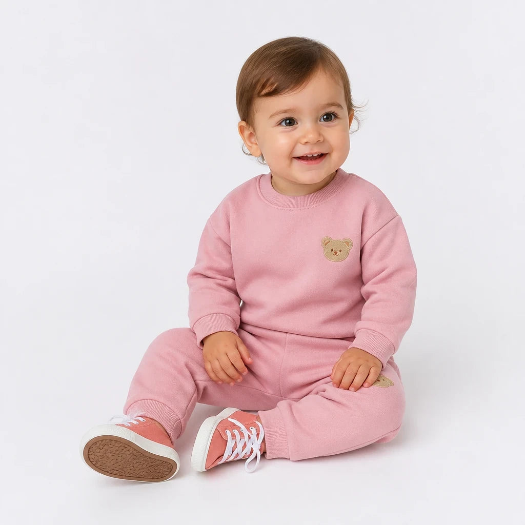 Conjunto de moletom infantil rosa em algodão macio, estilo esportivo, conforto e segurança nas brincadeiras para bebê