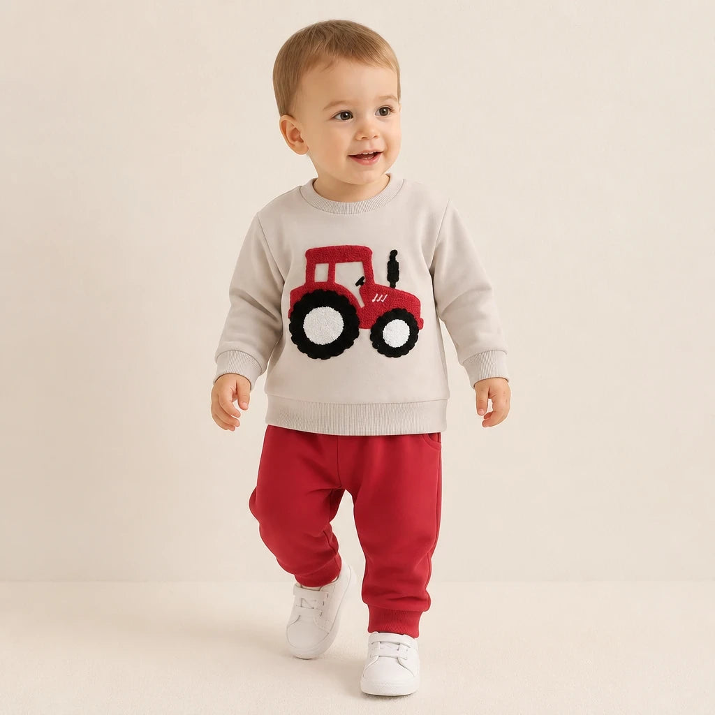 Conjunto de moletom infantil com bordado de trator, calça confortável e resistente para brincar
