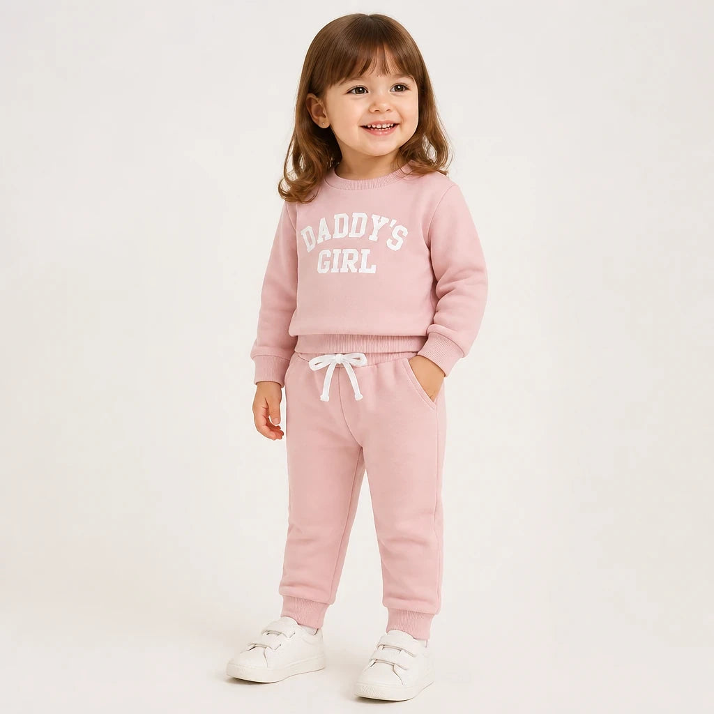 Conjunto de moletom infantil rosa com estampa de letras, cintura elástica e conforto para brincar no outono
