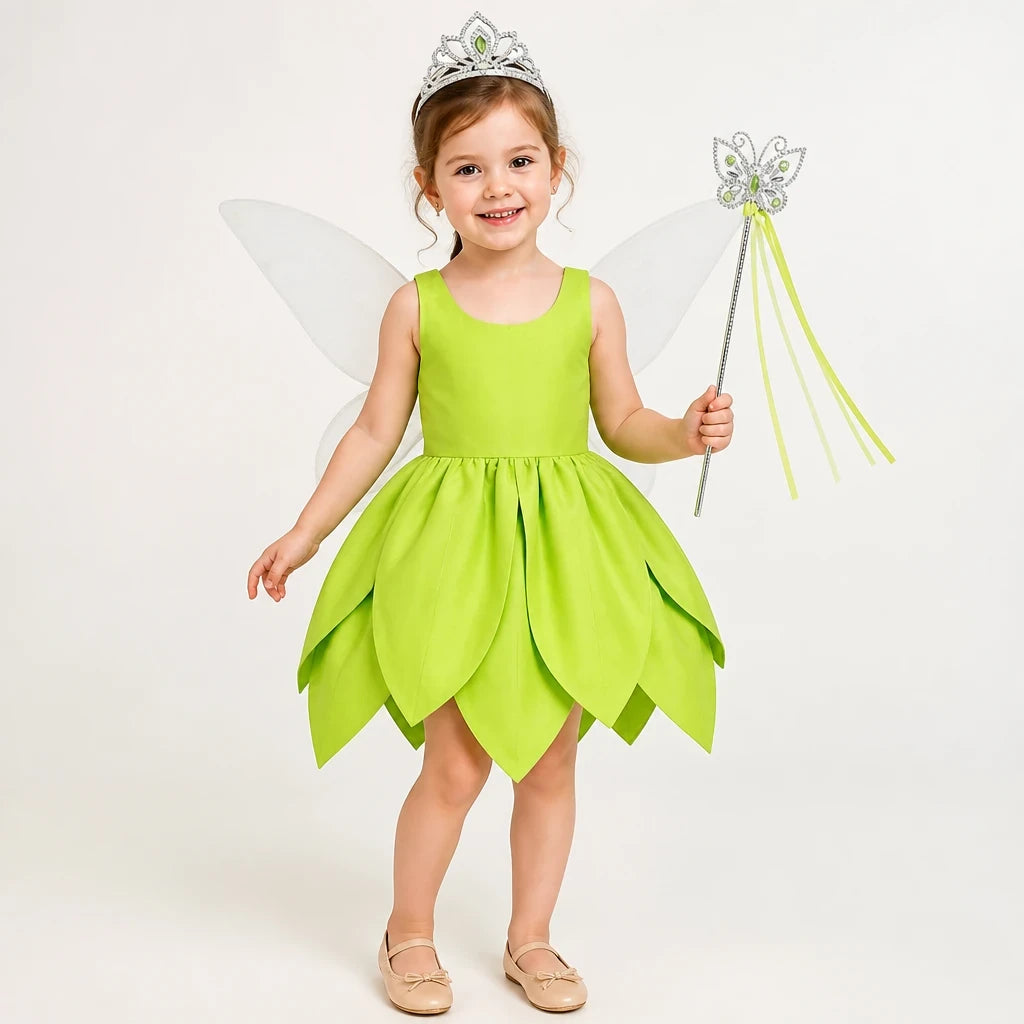 Fantasia fada infantil verde com asas e tecido macio, confortável e resistente para Carnaval e Halloween