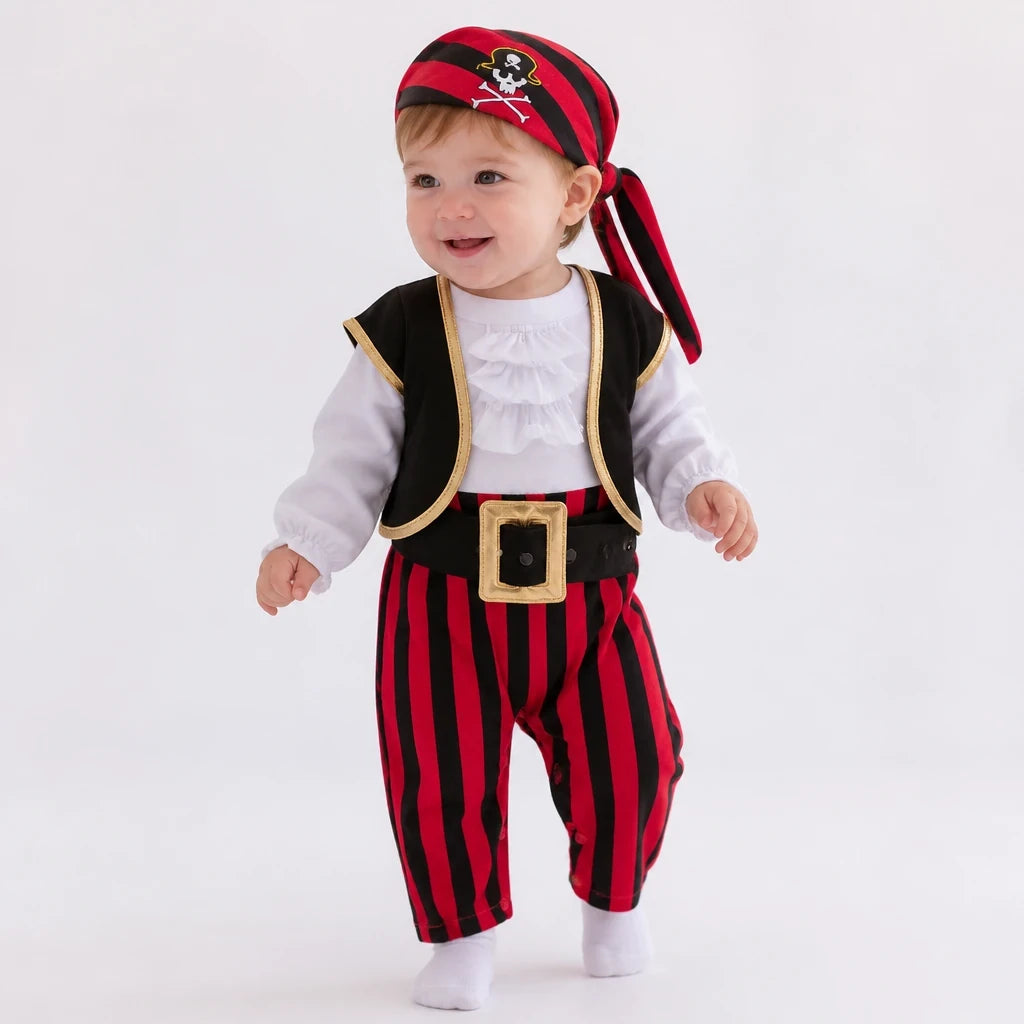 Fantasia pirata infantil macacão em algodão com elastano macio, conforto e segurança para pequenas aventuras