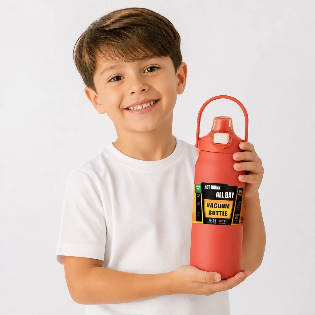 Garrafa térmica infantil em aço inox com canudo, prática e segura para a rotina, ideal para mochila infantil