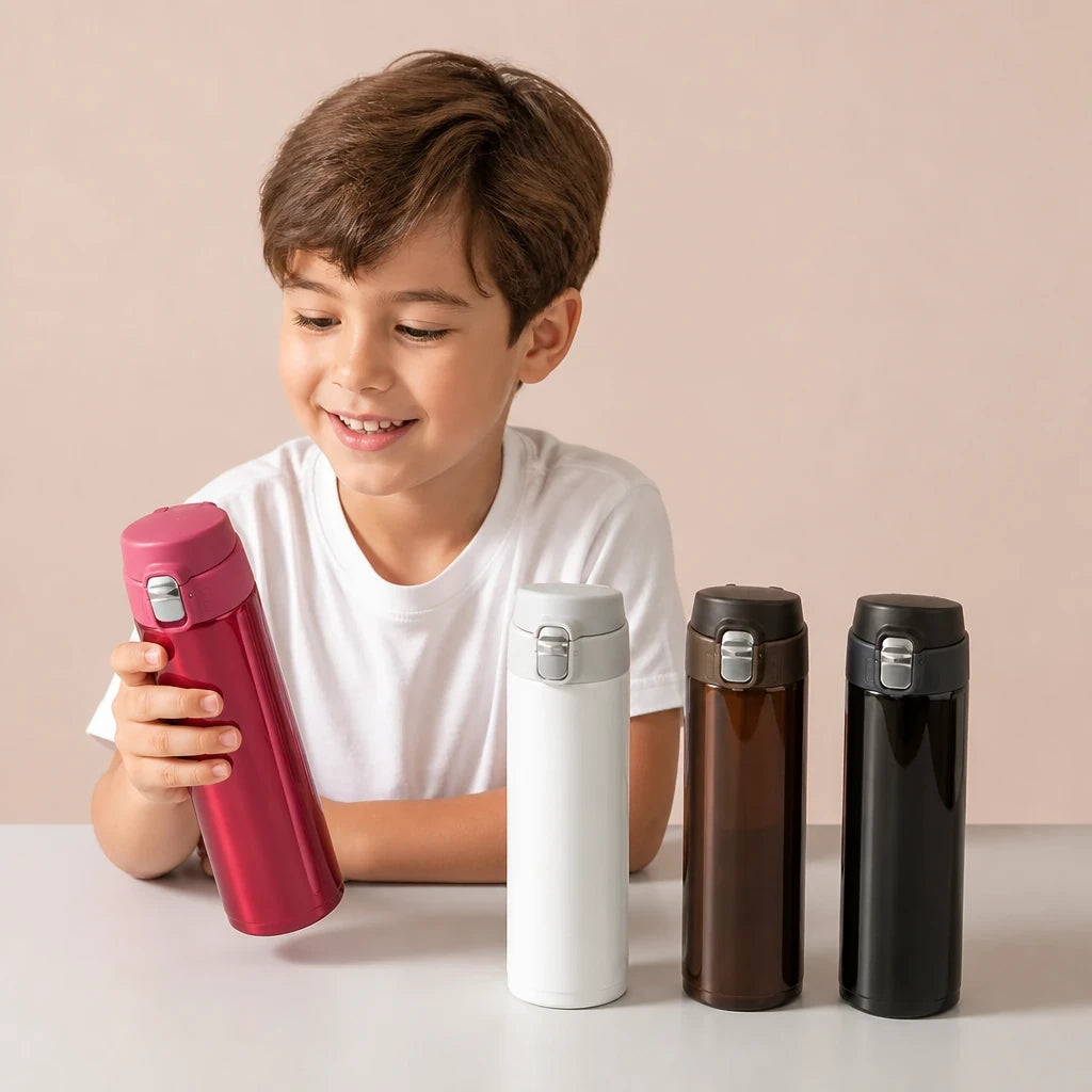 Garrafa térmica infantil inox antivazamento para escola confortável e prática, ideal para crianças