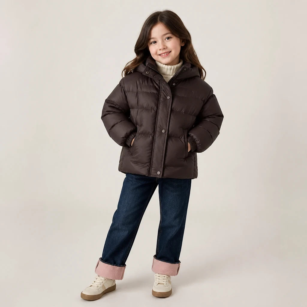 Jaqueta infantil de algodão acolchoada com capuz, aquece e protege no inverno, combina com conjunto de moletom infantil