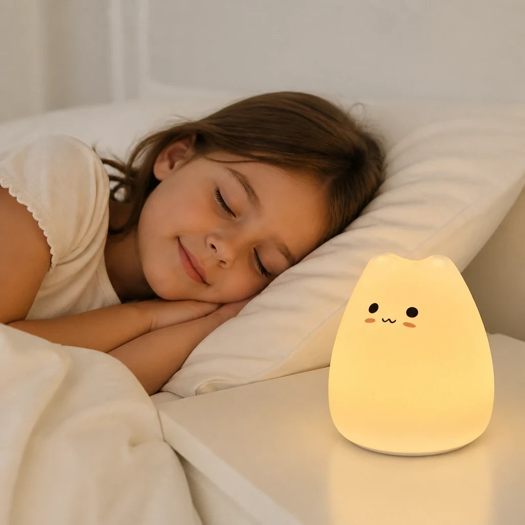 Luminária infantil gato com toque e troca de cor e luz suave para sono seguro e aconchegante