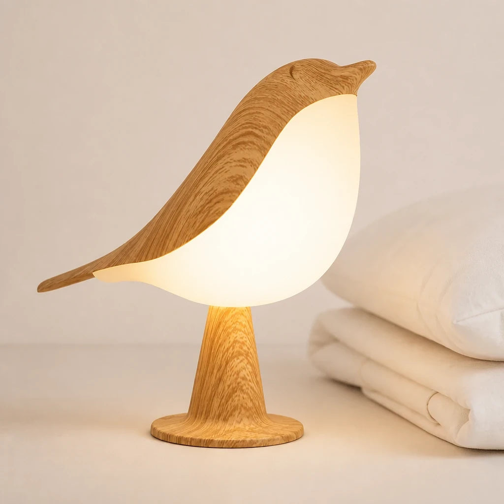 Luminária infantil LED em forma de pássaro madeira, toque e bateria recarregável para conforto e segurança na hora do sono