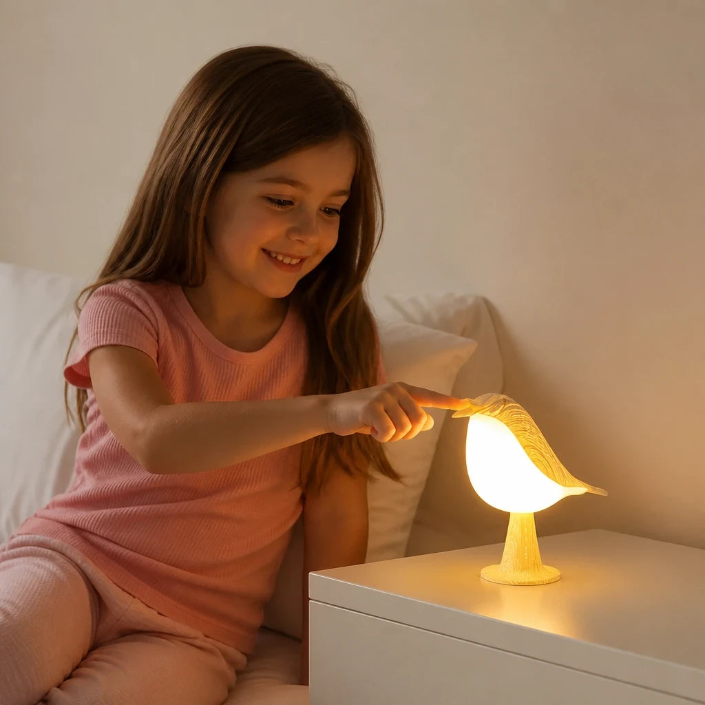 Luminária infantil LED toque recarregável em forma de pássaro, luz suave e segura para dormir