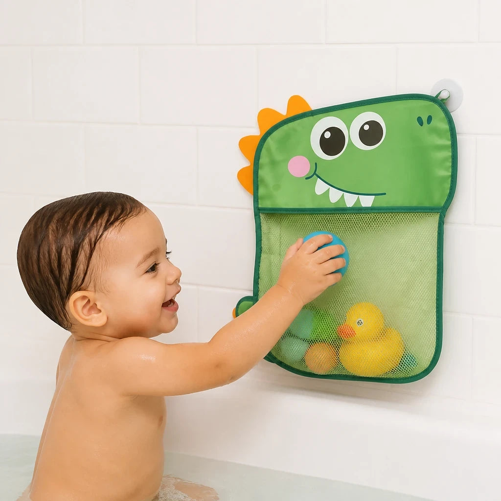Organizador de brinquedos de banho com ventosas em malha formato dinossauro, seguro e prático para crianças