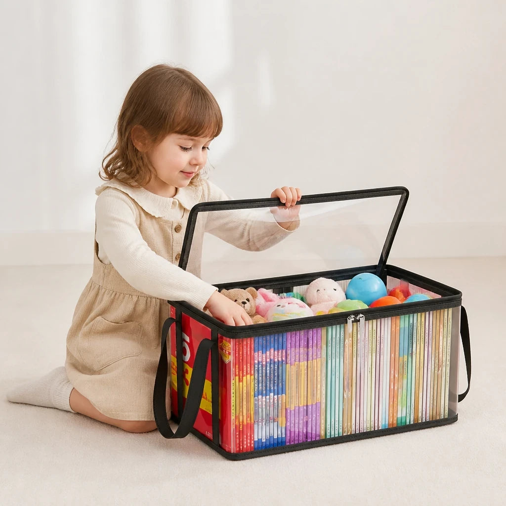 Organizador de brinquedos infantil com tampa articulada e janela transparente, durável e prático, ideal para pais e avós