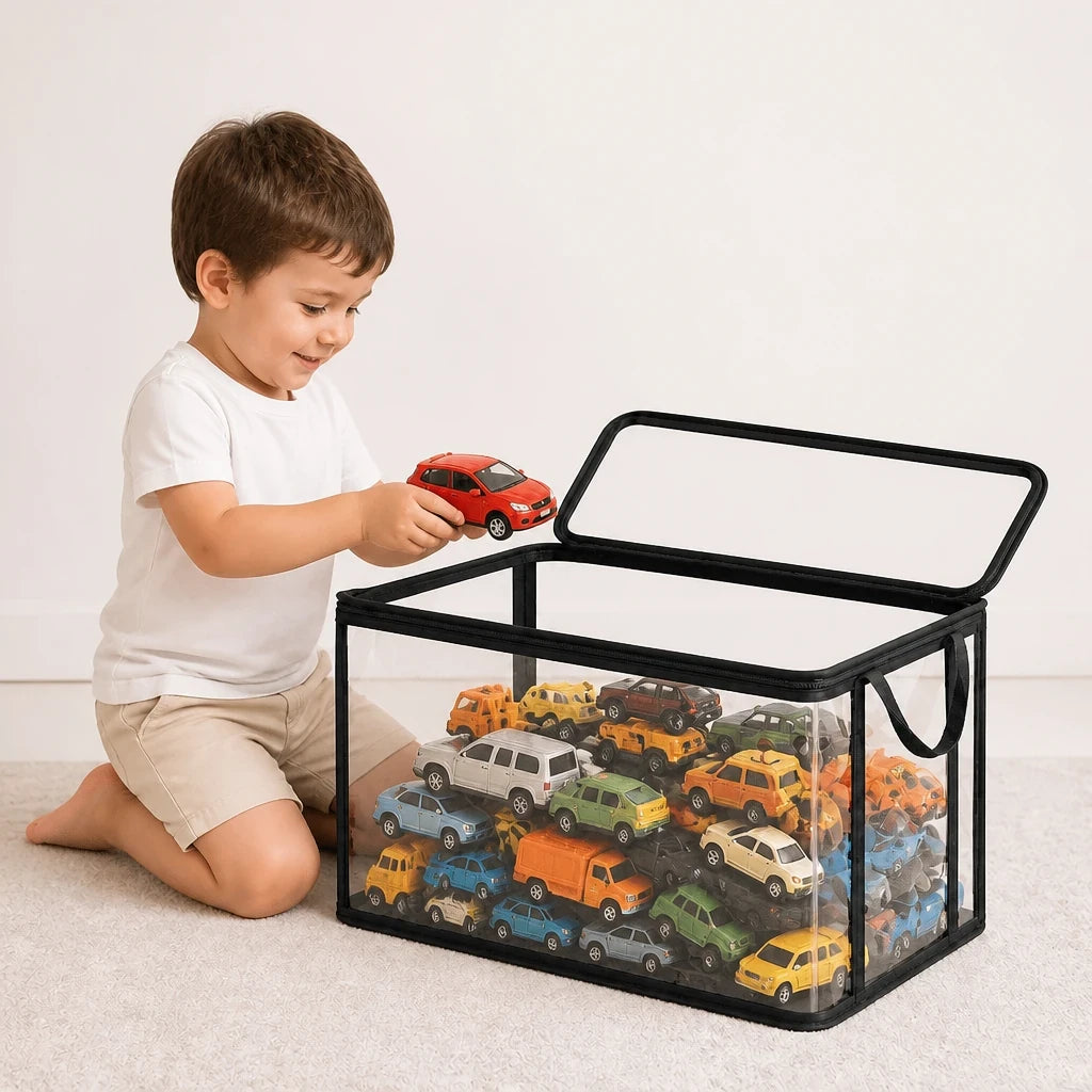 Organizador de brinquedos com tampa articulada e visor transparente, durável e prático para manter o quarto em ordem