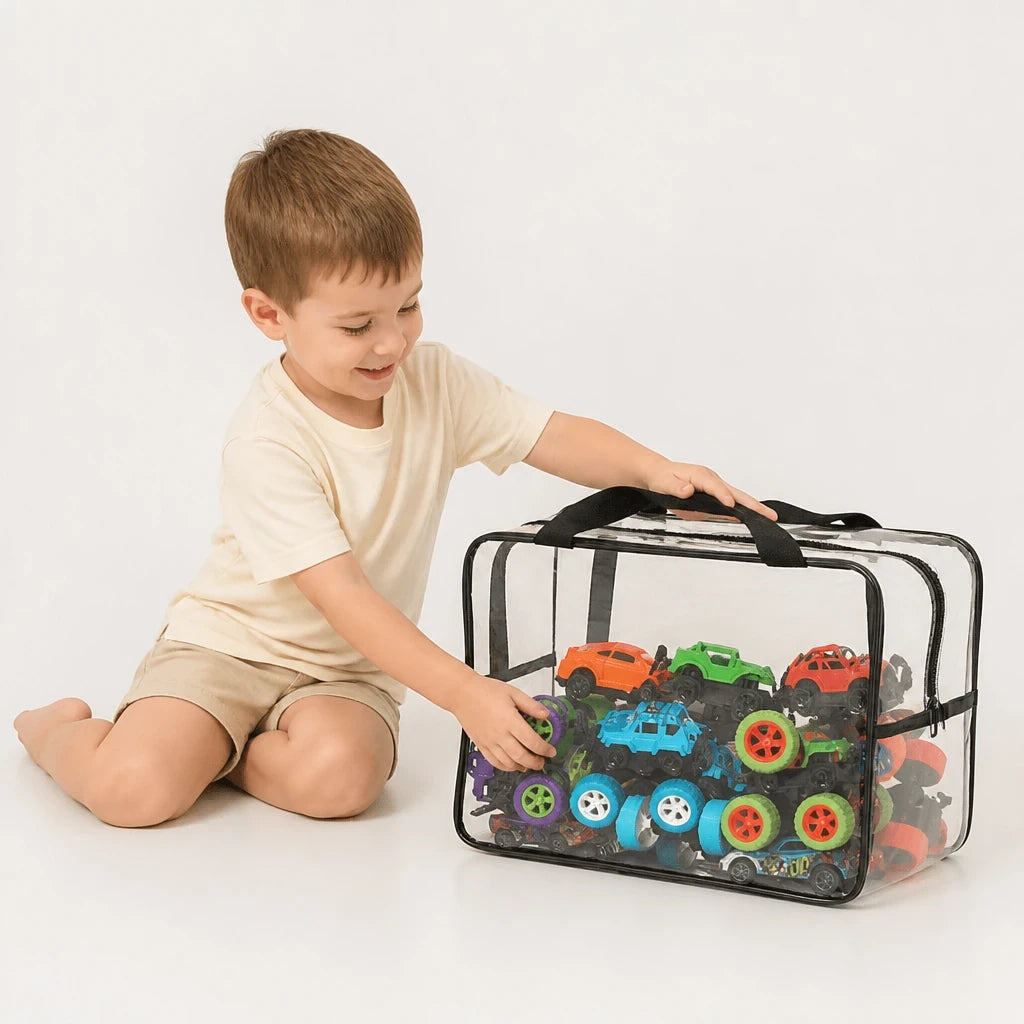 Organizador de brinquedos PVC transparente com zíper e alça, impermeável e prático para guardar carrinhos