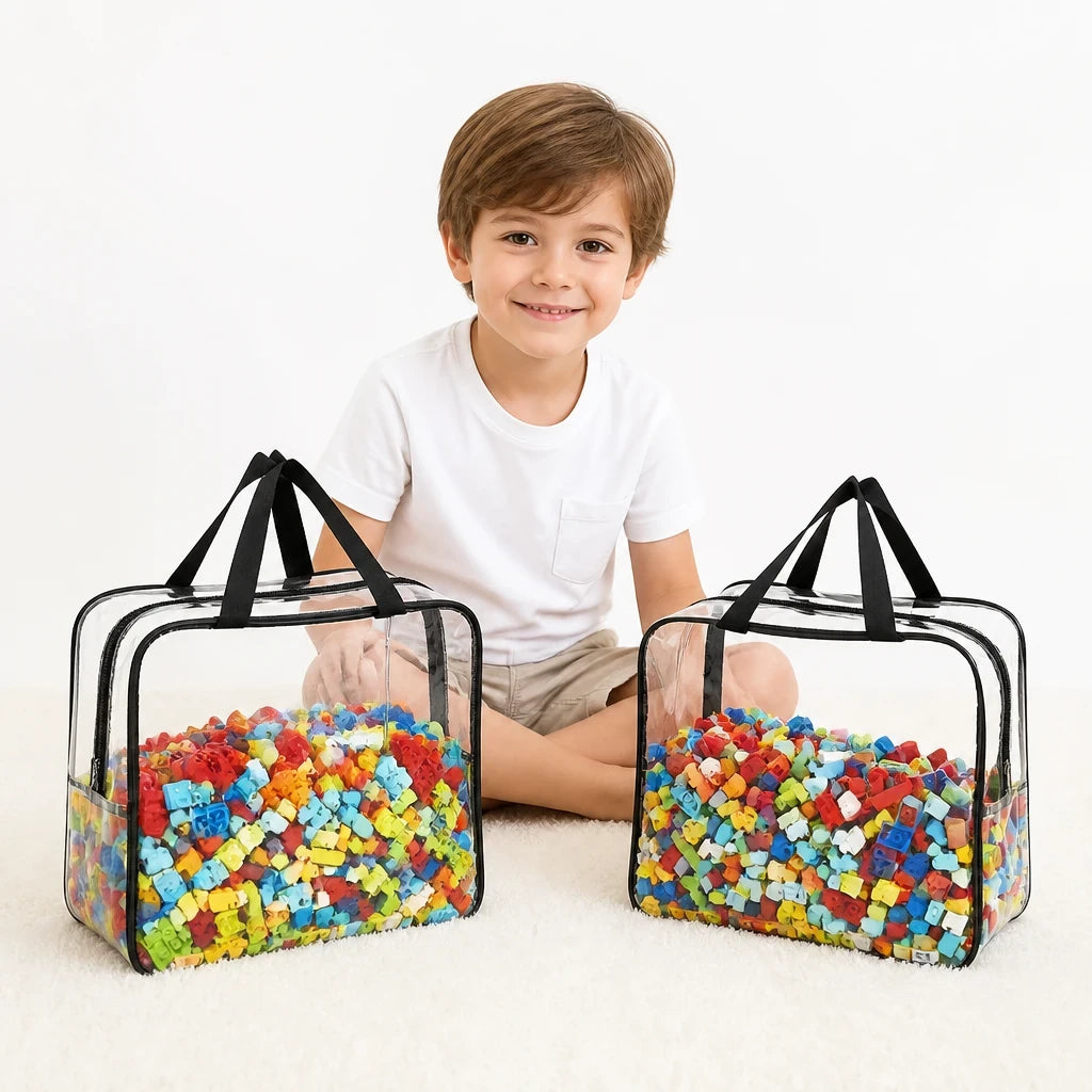 Organizador de brinquedos em PVC transparente com zíper impermeável, fácil de limpar e ideal para armazenar blocos