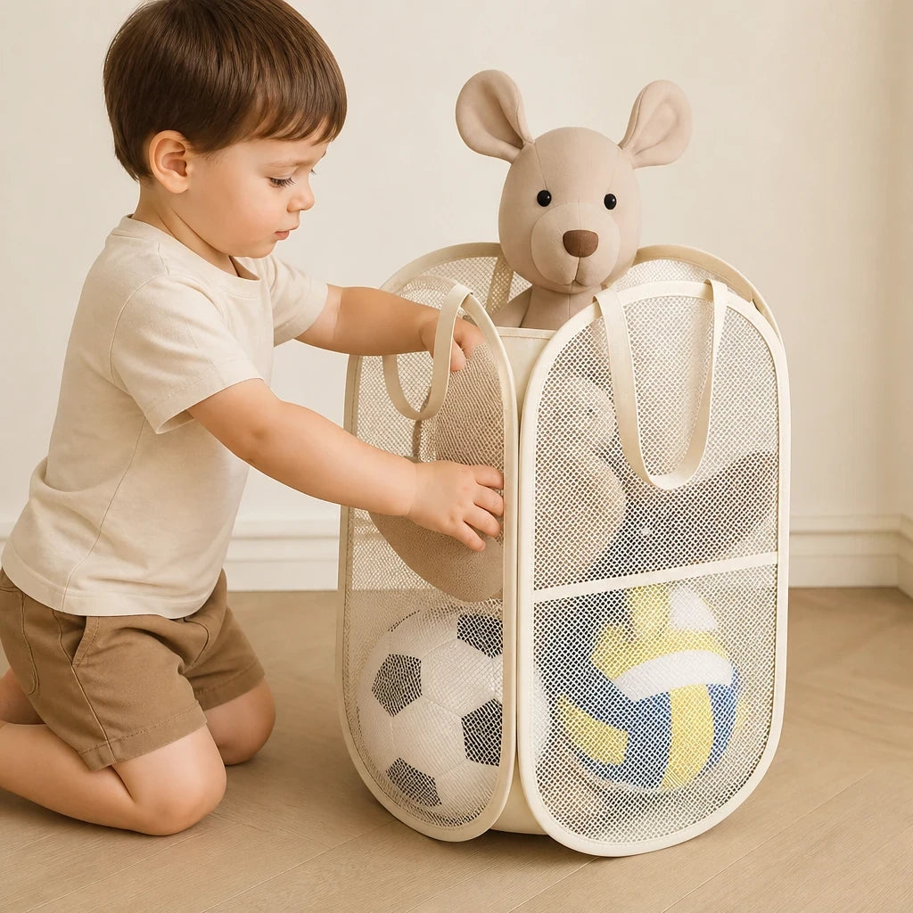 Organizador de brinquedos infantil dobrável em malha respirável, prático e seguro para deixar o quarto em ordem