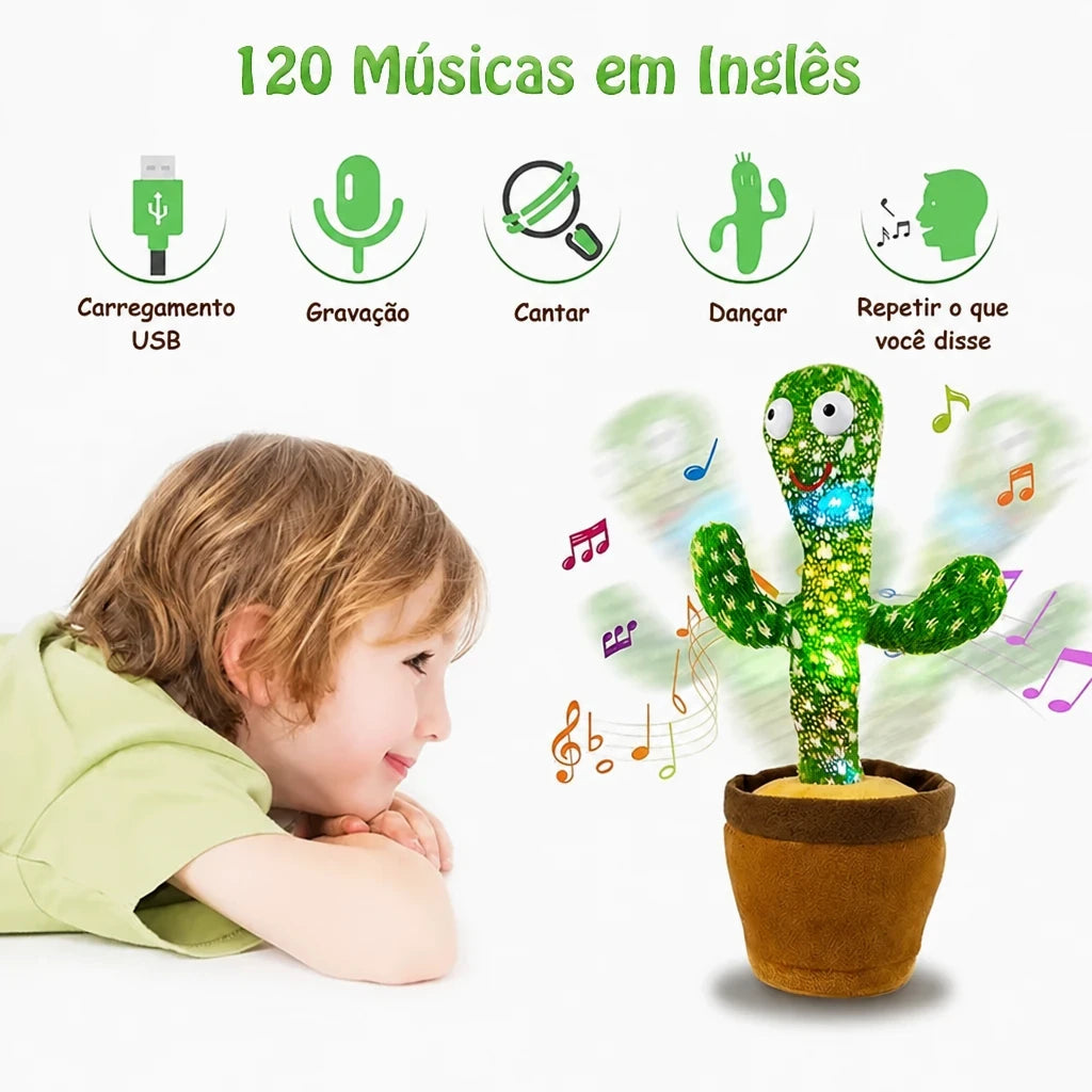 Pelúcia cacto musical dançante recarregável com voz repetidora, segura, durável e ideal para presentear crianças