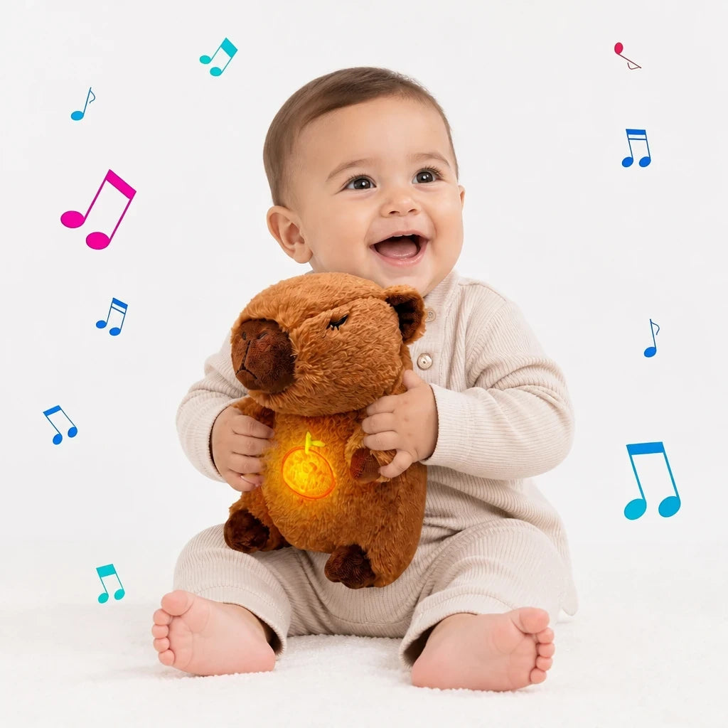 pelucia capivara macia com luz e música, companheiro de sono seguro e aconchegante para bebê