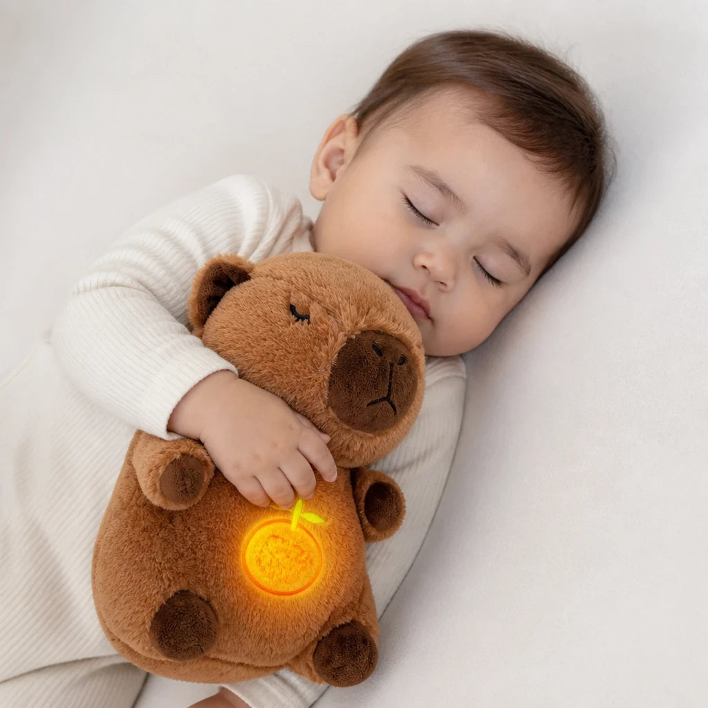 Pelucia capivara companheiro de sono com abraço macio e luz suave para conforto e segurança do bebê