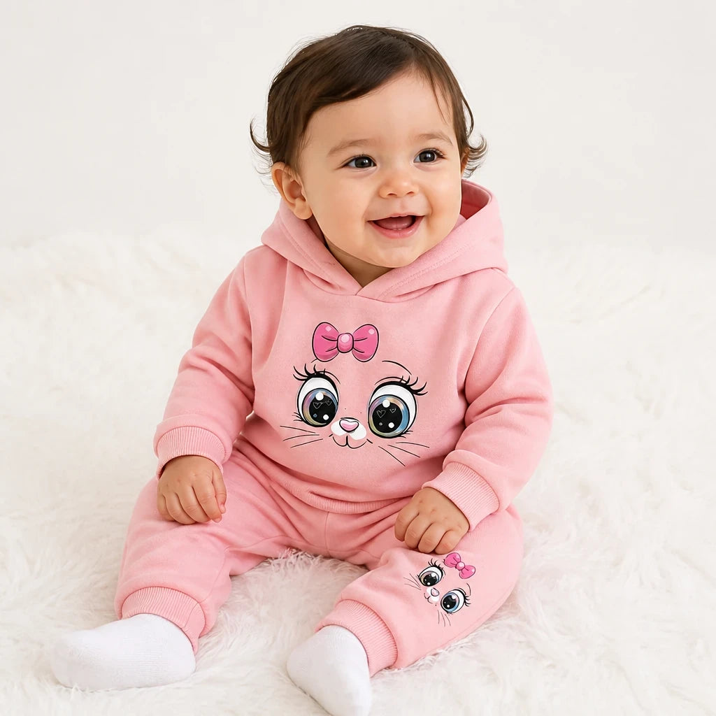 Bebê usando conjunto de moletom infantil rosa com capuz e estampa fofa, super macio e confortável