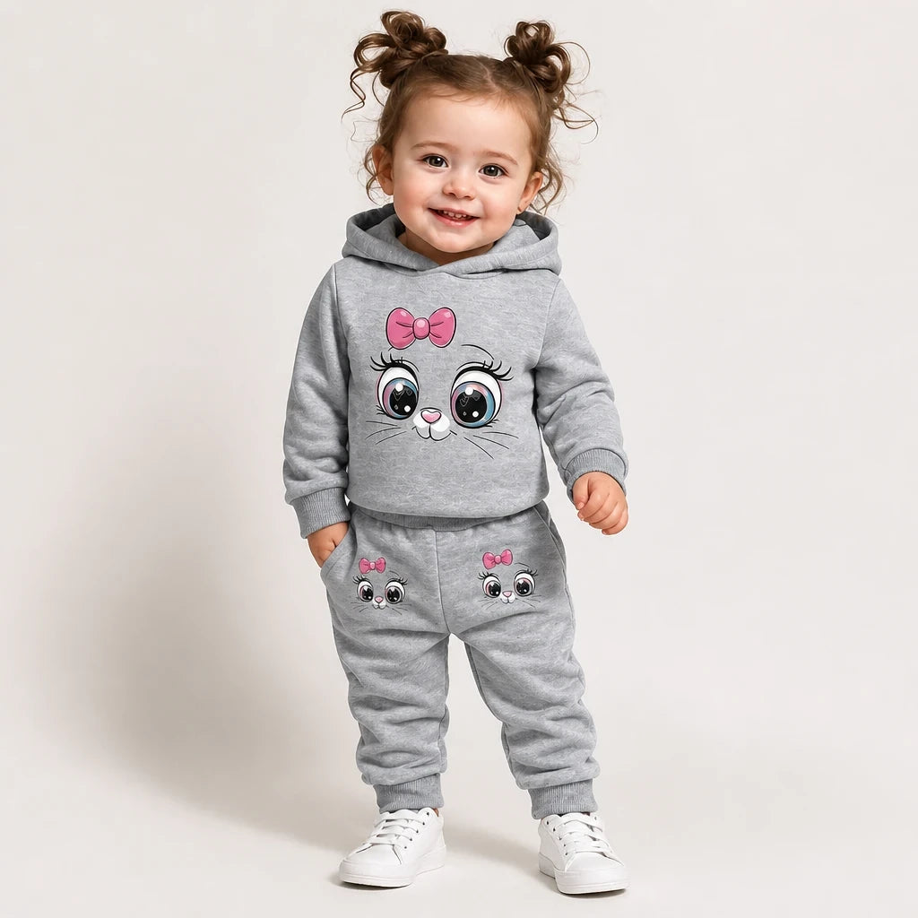 Conjunto de moletom infantil cinza com capuz, macio e confortável, estilo fofo e durável para brincadeiras