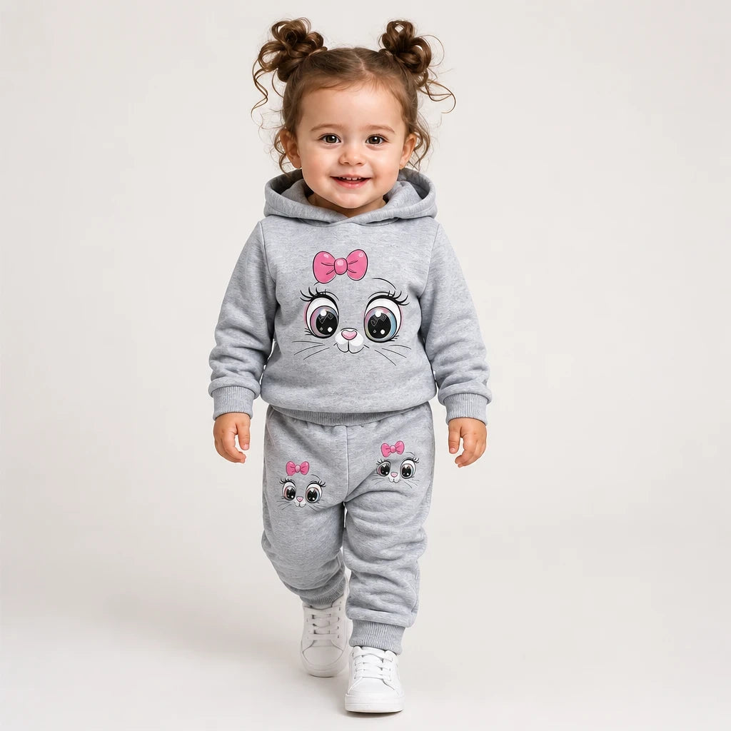 Conjunto de moletom infantil cinza com capuz e estampa fofa, super macio e confortável ideal para o dia a dia dos pequenos